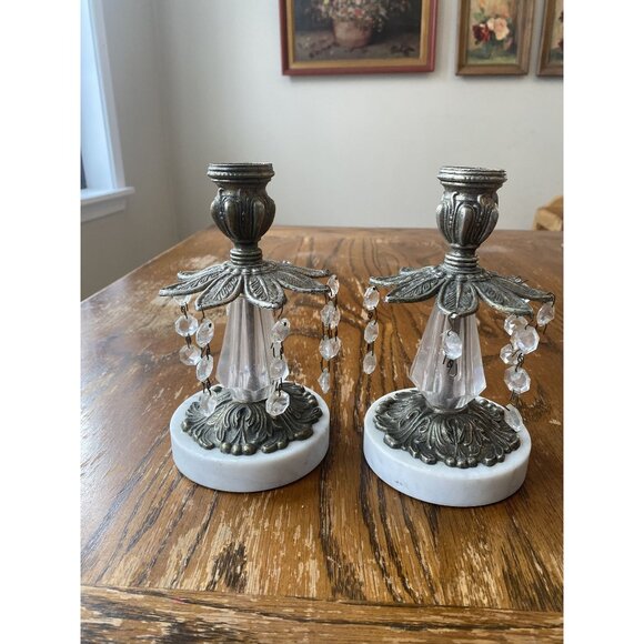 MCM Hollywood Regency Candlestick Holders Brass Dangle Crystal Marble Base Set - Picture 1 of 9